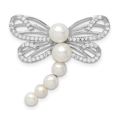 Sterling Silver Rhodium-Plated Dragonfly Chain Slide With Imitation Shell Pearls & CZ Accents