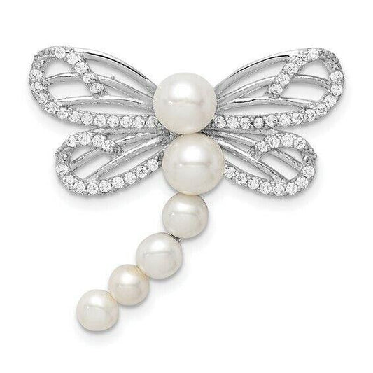 Sterling Silver Rhodium-Plated Dragonfly Chain Slide With Imitation Shell Pearls & CZ Accents