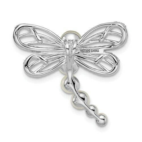 Sterling Silver Rhodium-Plated Dragonfly Chain Slide With Imitation Shell Pearls & CZ Accents