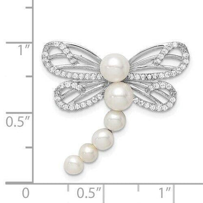 Sterling Silver Rhodium-Plated Dragonfly Chain Slide With Imitation Shell Pearls & CZ Accents