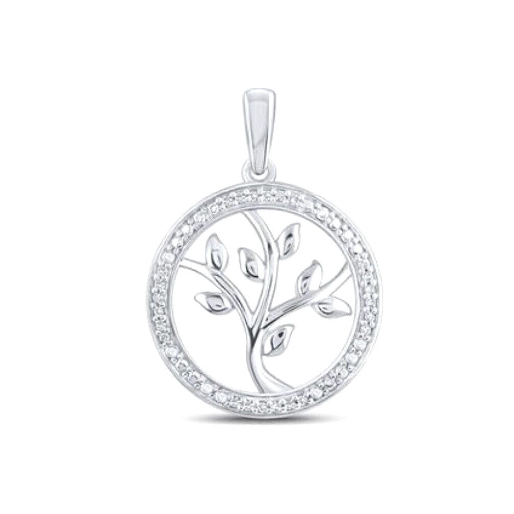 Sterling Silver Round Diamond Tree Of Life Pendant 1/12 Ctw Circle Design