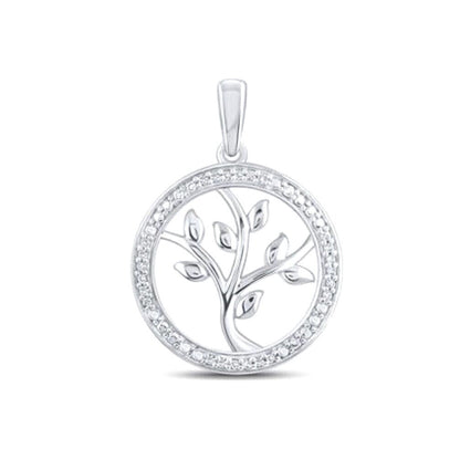 Sterling Silver Round Diamond Tree Of Life Pendant 1/12 Ctw Circle Design