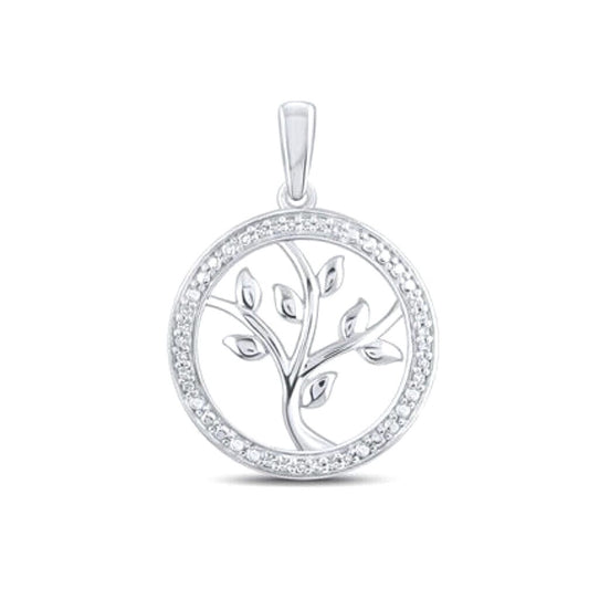Sterling Silver Round Diamond Tree Of Life Pendant 1/12 Ctw Circle Design