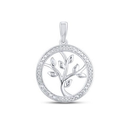 Sterling Silver Round Diamond Tree Of Life Pendant 1/12 Ctw Circle Design