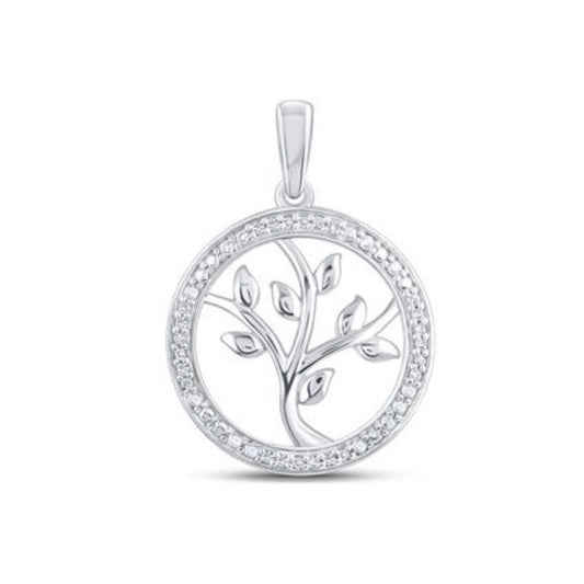 Sterling Silver Round Diamond Tree Of Life Pendant 1/12 Ctw Circle Design