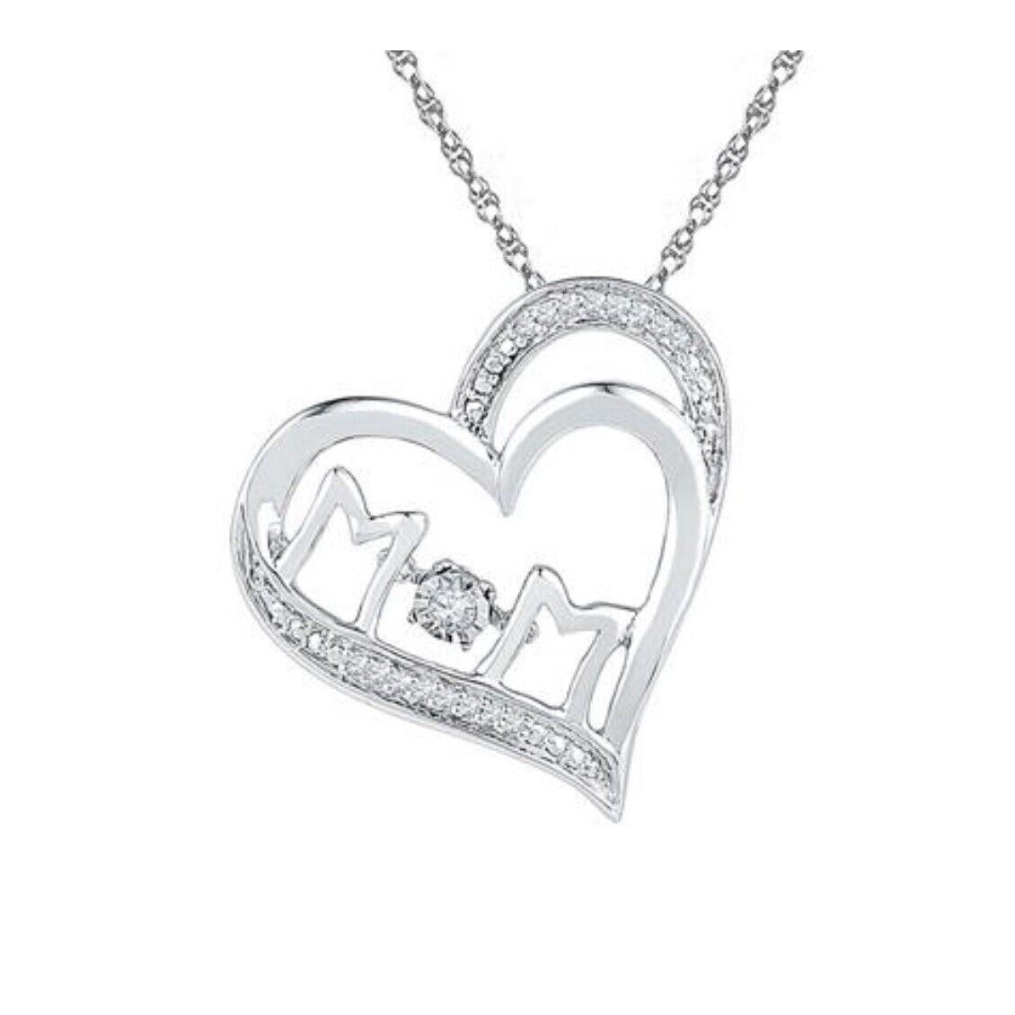 Sterling Silver Diamond Mom Heart Pendant Necklace 1/20 Ctw 18" Chain