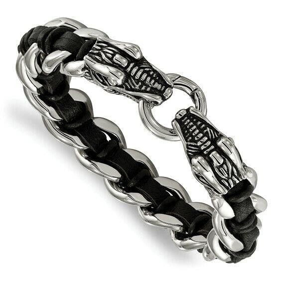 Chisel Stainless Steel Antiqued and Dragon Head Curb Chain Leather Bracelet