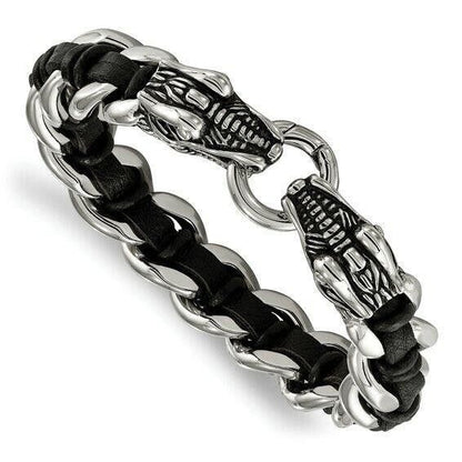 Chisel Stainless Steel Antiqued and Dragon Head Curb Chain Leather Bracelet