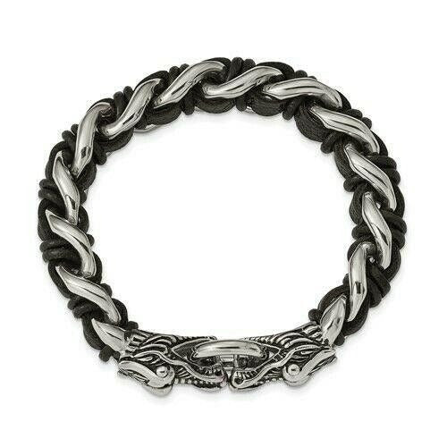 Chisel Stainless Steel Antiqued and Dragon Head Curb Chain Leather Bracelet