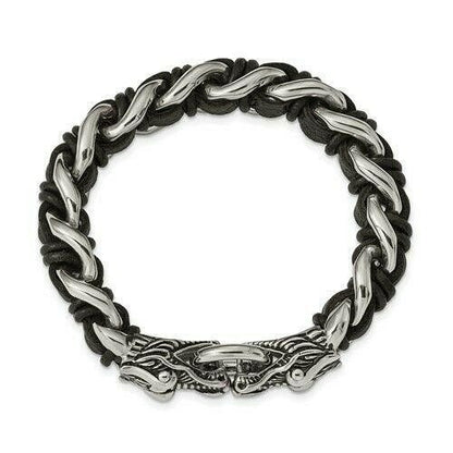 Chisel Stainless Steel Antiqued and Dragon Head Curb Chain Leather Bracelet