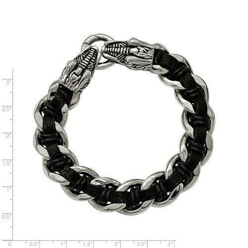 Chisel Stainless Steel Antiqued and Dragon Head Curb Chain Leather Bracelet