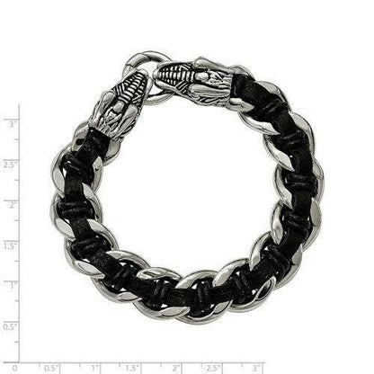 Chisel Stainless Steel Antiqued and Dragon Head Curb Chain Leather Bracelet