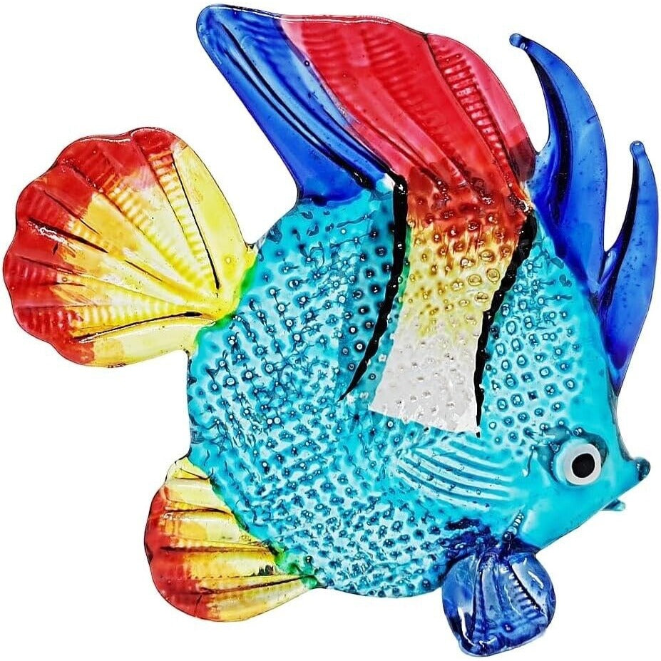 Hand Blown Glass Discus Fish Figurine In Vibrant Blue Red & Yellow - 2¾" Long 2½" High
