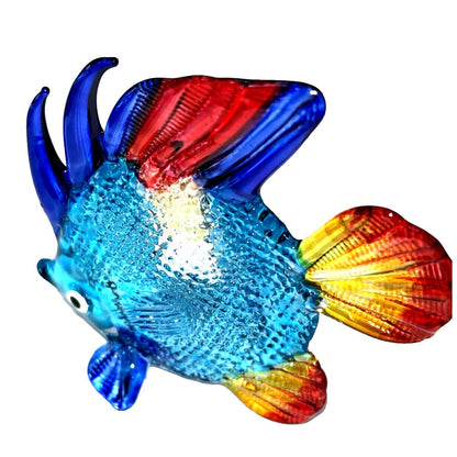 Hand Blown Glass Discus Fish Figurine In Vibrant Blue Red & Yellow - 2¾" Long 2½" High