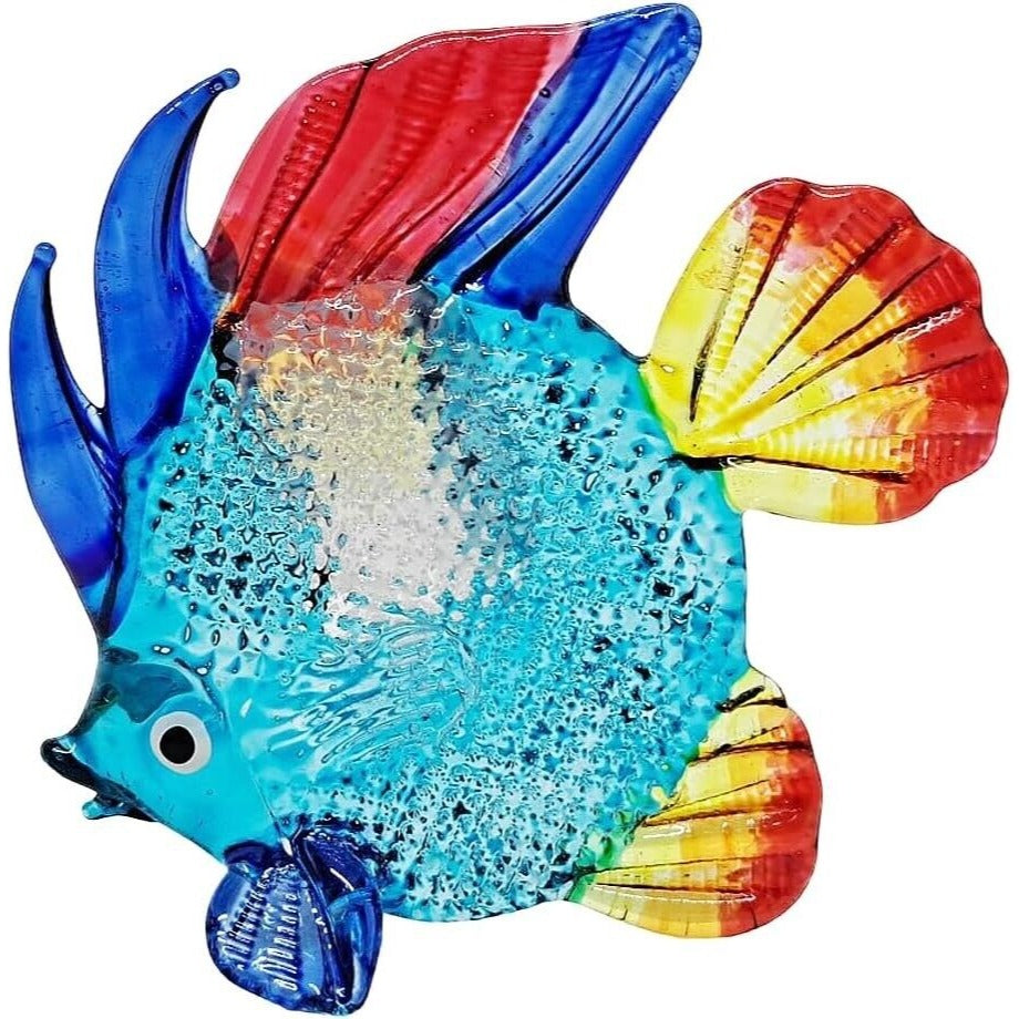 Hand Blown Glass Discus Fish Figurine In Vibrant Blue Red & Yellow - 2¾" Long 2½" High