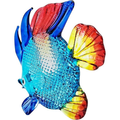 Hand Blown Glass Discus Fish Figurine In Vibrant Blue Red & Yellow - 2¾" Long 2½" High
