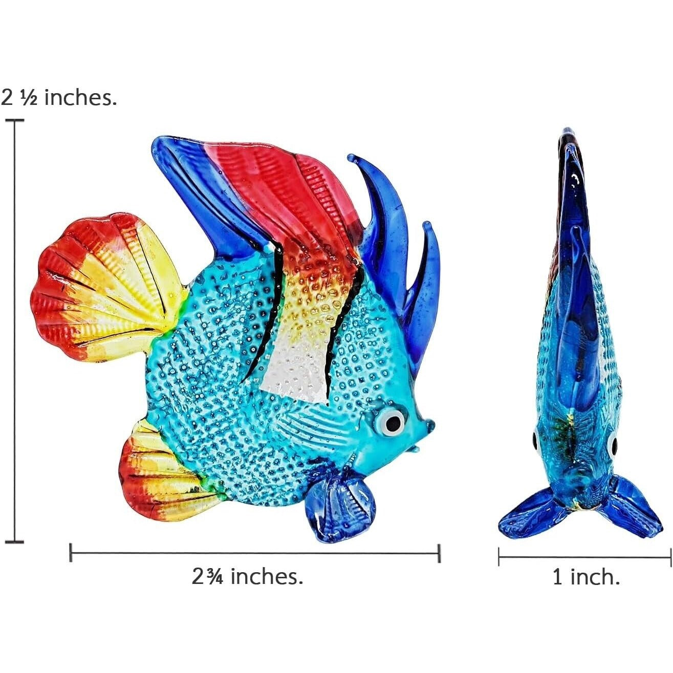 Hand Blown Glass Discus Fish Figurine In Vibrant Blue Red & Yellow - 2¾" Long 2½" High
