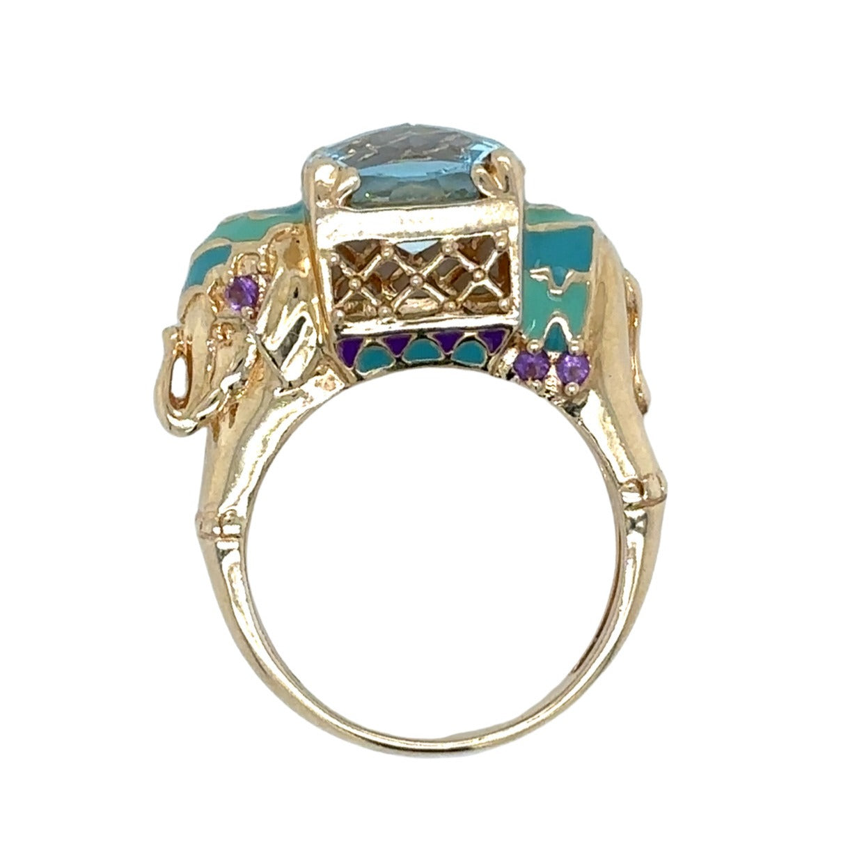 Elephant Blue Topaz & Amethyst 14K Yellow Gold Enamel Ring 7.0g Size 5.75