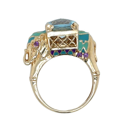 Elephant Blue Topaz & Amethyst 14K Yellow Gold Enamel Ring 7.0g Size 5.75