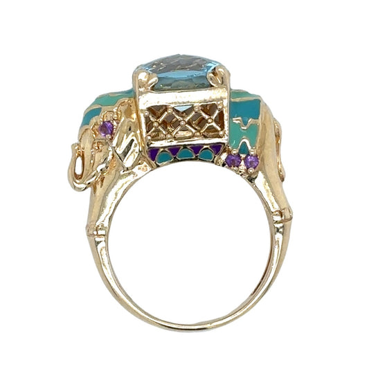 Elephant Blue Topaz & Amethyst 14K Yellow Gold Enamel Ring 7.0g Size 5.75
