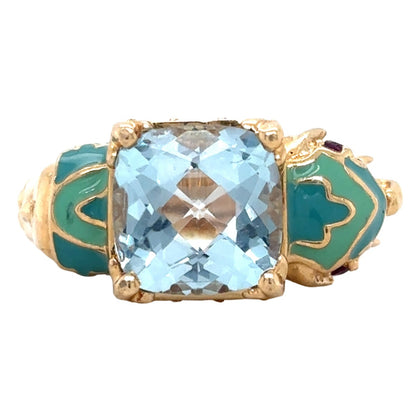 Elephant Blue Topaz & Amethyst 14K Yellow Gold Enamel Ring 7.0g Size 5.75