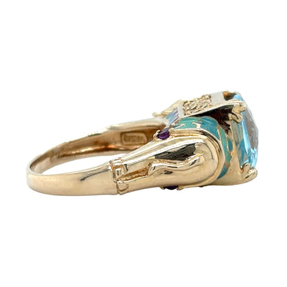 Elephant Blue Topaz & Amethyst 14K Yellow Gold Enamel Ring 7.0g Size 5.75