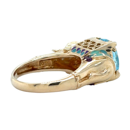 Elephant Blue Topaz & Amethyst 14K Yellow Gold Enamel Ring 7.0g Size 5.75