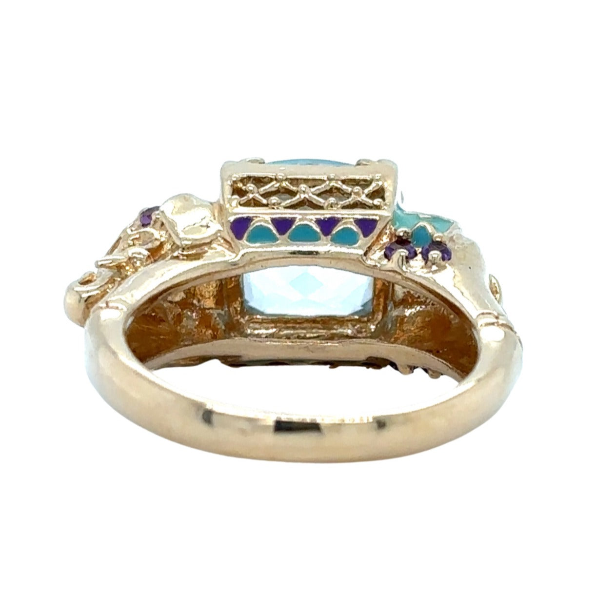 Elephant Blue Topaz & Amethyst 14K Yellow Gold Enamel Ring 7.0g Size 5.75