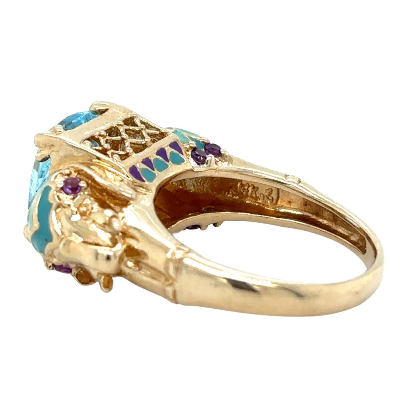 Elephant Blue Topaz & Amethyst 14K Yellow Gold Enamel Ring 7.0g Size 5.75