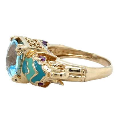 Elephant Blue Topaz & Amethyst 14K Yellow Gold Enamel Ring 7.0g Size 5.75