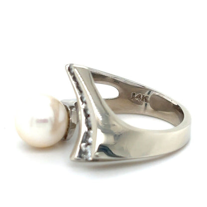 14K White Gold Ring W/ Pearl & 1/10ctw Diamonds 7.0g Size 6