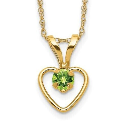 10K Yellow Gold Green Peridot Heart Birthstone Necklace 15" Chain August
