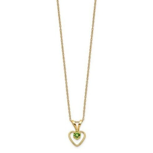 10K Yellow Gold Green Peridot Heart Birthstone Necklace 15" Chain August