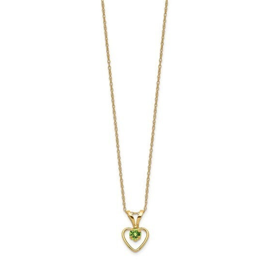 10K Yellow Gold Green Peridot Heart Birthstone Necklace 15" Chain August