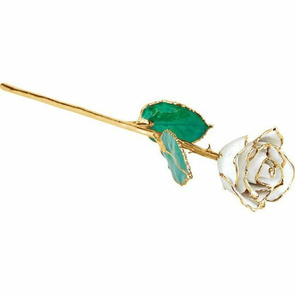 Real Lacquered Sparkle White Rose With 24K Gold Trim & Green Leaves In Gift Box
