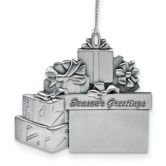 Engraveable Pewter Gift Packages Ornament  "Seasons Greetings" Message & Silver Hanging Cord