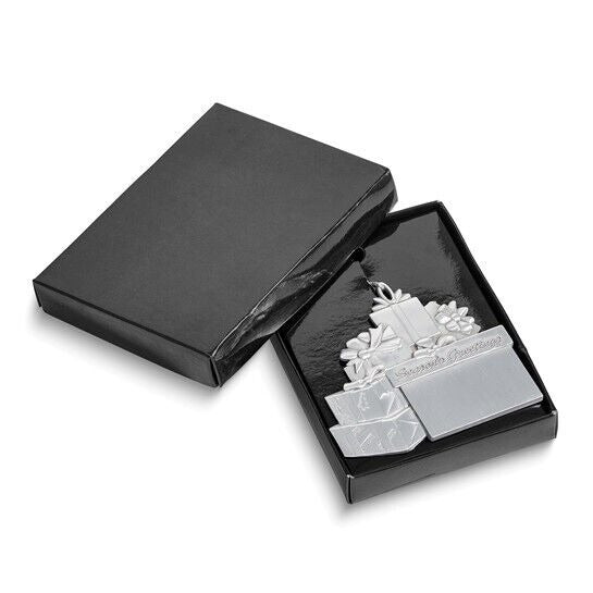 Engraveable Pewter Gift Packages Ornament  "Seasons Greetings" Message & Silver Hanging Cord