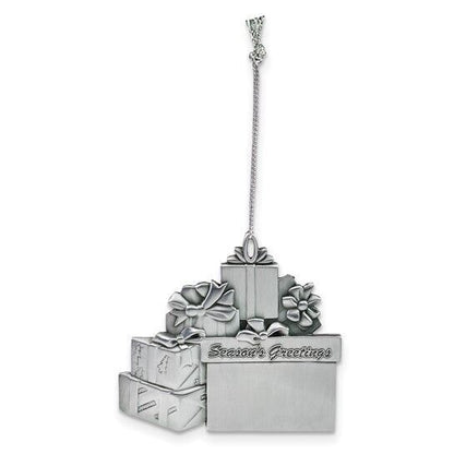 Engraveable Pewter Gift Packages Ornament  "Seasons Greetings" Message & Silver Hanging Cord