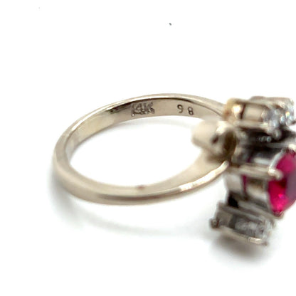 Imitation Ruby & Real Diamonds 14k White Gold Ring 5g Size 6