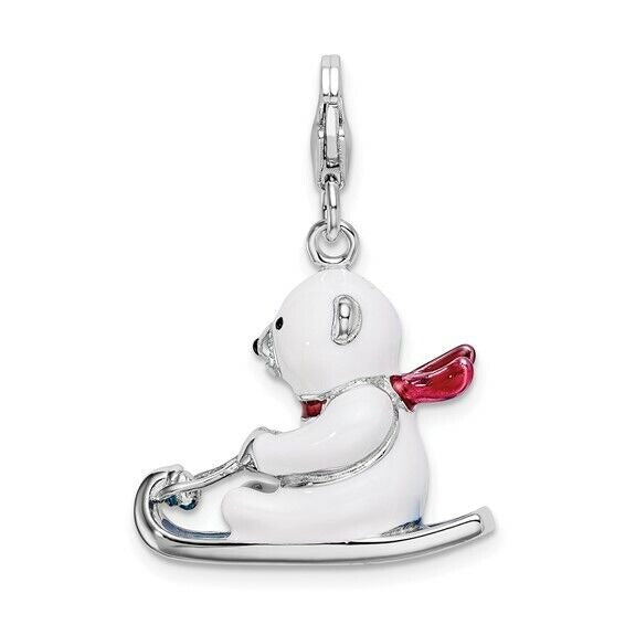 Sterling Silver Rhodium-Plated 3-D Enameled Polar Bear On Sled Charm With Fancy Lobster Clasp