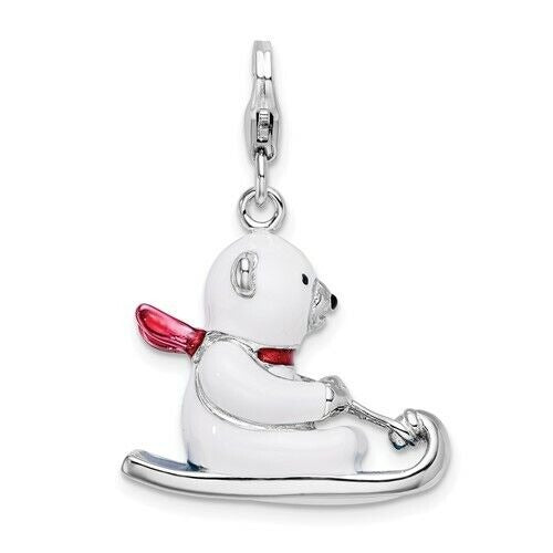 Sterling Silver Rhodium-Plated 3-D Enameled Polar Bear On Sled Charm With Fancy Lobster Clasp