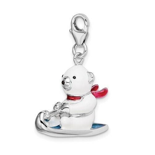 Sterling Silver Rhodium-Plated 3-D Enameled Polar Bear On Sled Charm With Fancy Lobster Clasp