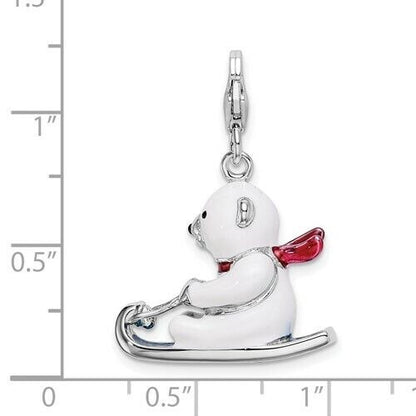 Sterling Silver Rhodium-Plated 3-D Enameled Polar Bear On Sled Charm With Fancy Lobster Clasp