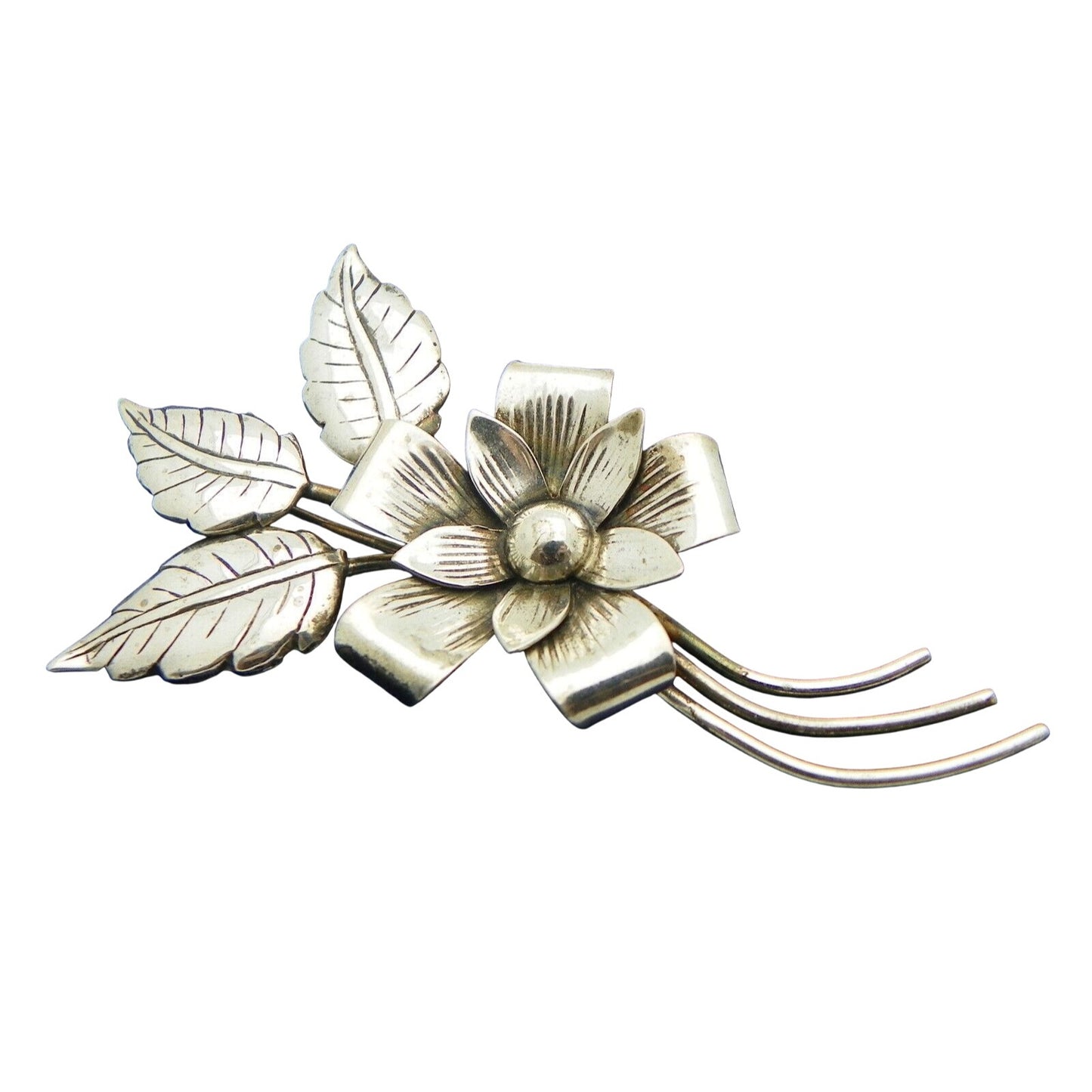 Vintage Sterling Silver Flower Leaf Brooch Pin 11.6g Unique Design
