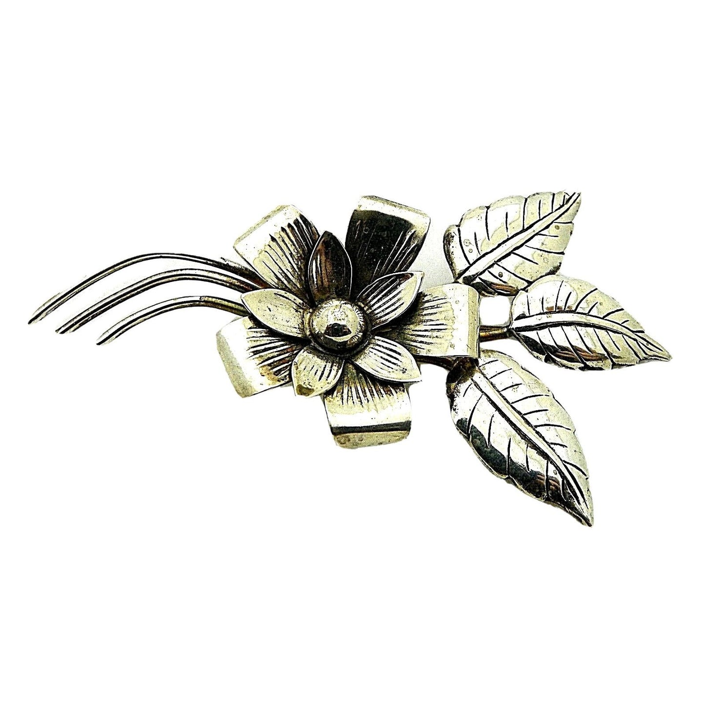 Vintage Sterling Silver Flower Leaf Brooch Pin 11.6g Unique Design