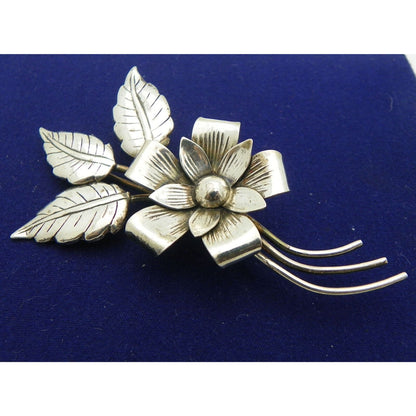 Vintage Sterling Silver Flower Leaf Brooch Pin 11.6g Unique Design
