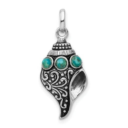 Sterling Silver 925 Rhodium-Plated Conch Shell Pendant With Turquoise Accents
