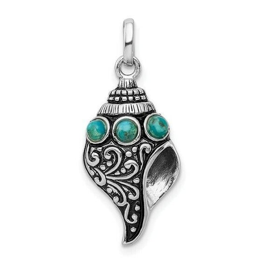 Sterling Silver 925 Rhodium-Plated Conch Shell Pendant With Turquoise Accents
