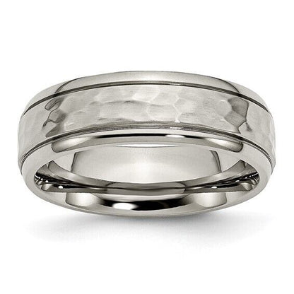 Chisel Titanium Polished and Hammered 7mm Grooved Edge Band Ring Size 10