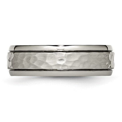 Chisel Titanium Polished and Hammered 7mm Grooved Edge Band Ring Size 10